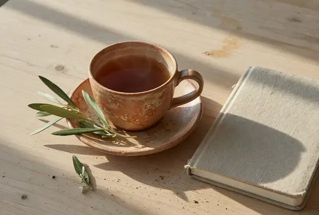 A ceramic cup of tea and a linen notebook on a timber table.